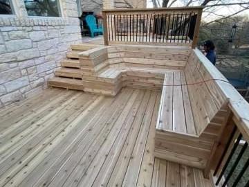 Custom deck construction service shown with built‑in seating and stairs, remodel in West Austin, TX